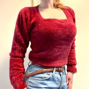 ASTR The Label Red Fuzzy Soft Square Neck Sweater